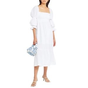 OPT Brigitte Aphrodite White Smocked Gauze Midi Dress Medium